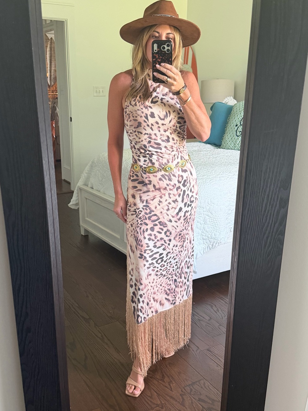 Leopard Print Fringe Maxi Dress in Blush Pink